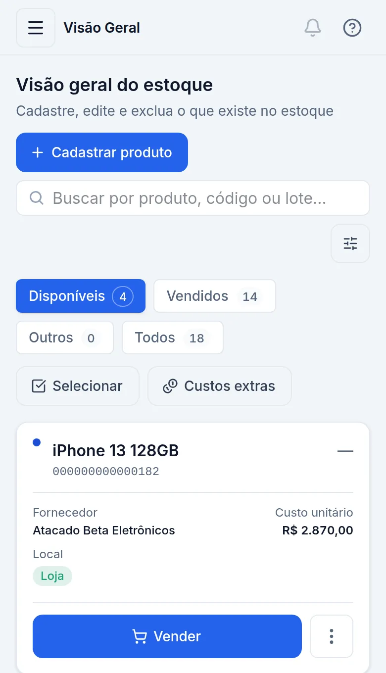Tela Visão geral do estoque do Aiphos, com os aparelhos disponíveis e o custo de cada um (versão de celular)