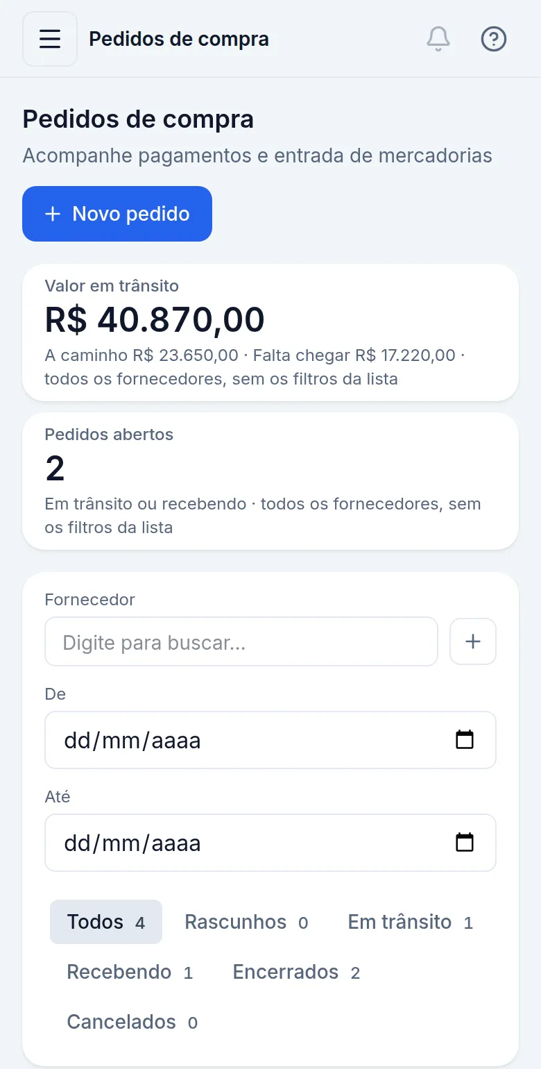Tela Pedidos de compra do Aiphos, com o valor pago que ainda está em trânsito (versão de celular)